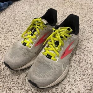 Brooks Gray Running Shoes with Neon Yellow and Pink Accents